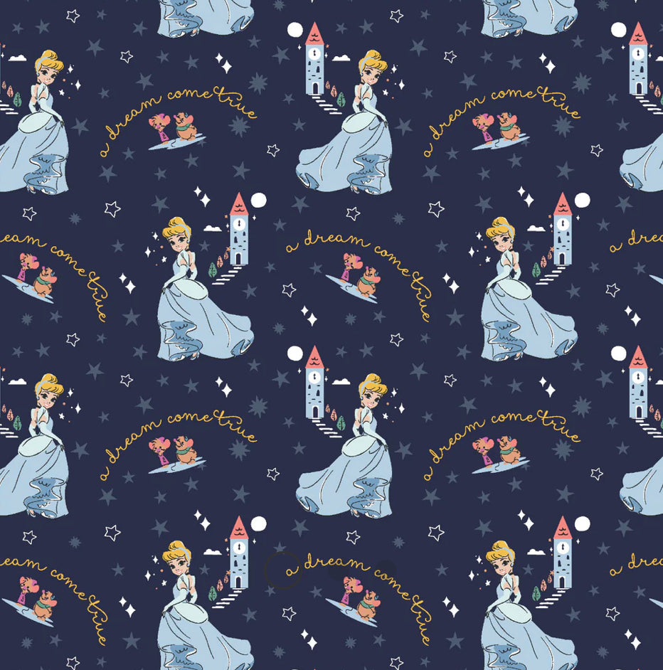 Disney Heart of a Princess Collection - Princess Cinderella - Navy Fabric - 1/2 Meter - Cotton Fabric