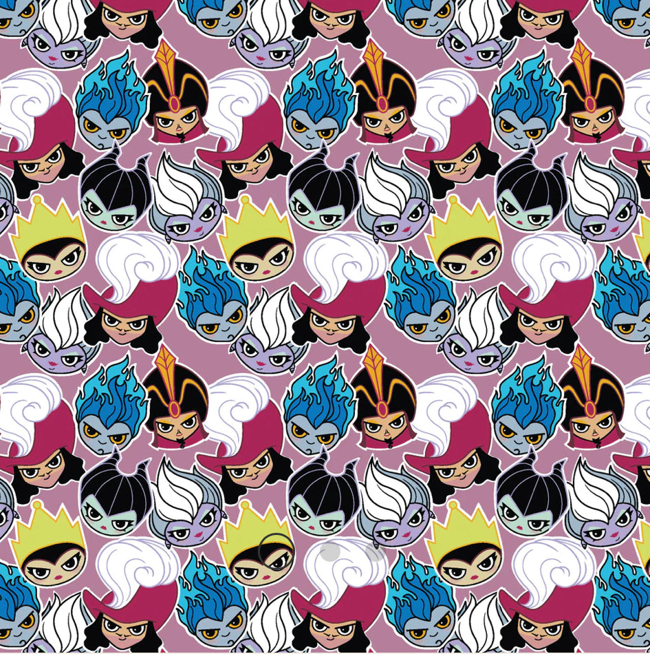 Disney Villains Kawaii Collection - Cute Villain Faces - Purple Fabric - 1/2 Meter - Cotton Fabric