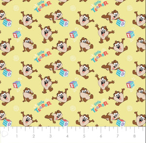 Character Nursery - Looney Tunes Taz Little Terror - Yellow Fabric - 1/2 Meter - Cotton Fabric