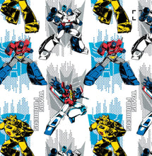 Load image into Gallery viewer, Transformers Logos - White Fabric - 1/2 Meter - Cotton Fabric
