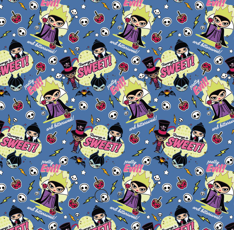 Disney Villains Kawaii Collection - Pretty Evil - Blue Fabric - 1/2 Meter - Cotton Fabric