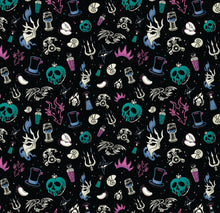 Load image into Gallery viewer, Disney Villains Mayhem Collection - Villain Iconography - Black Teal Fabric - 1/2 Meter - Cotton Fabric
