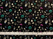 Charger l&#39;image dans la galerie, Disney Villains Mayhem Collection - Villain Iconography - Black Teal Fabric - 1/2 Meter - Cotton Fabric
