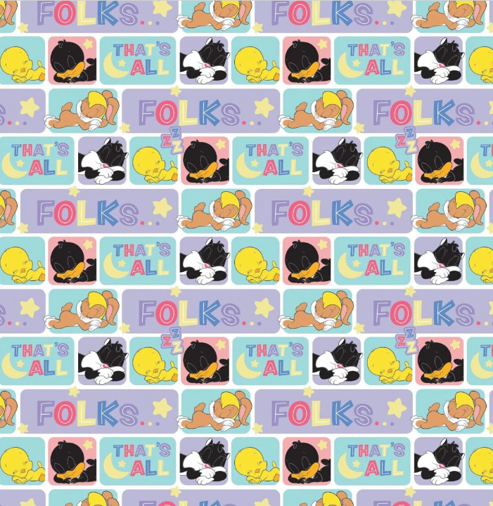 Character Nursery - Looney Tunes Sleepy Tunes - White Fabric - 1/2 Meter - Cotton Fabric