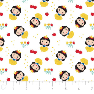 Disney Princess Kawaii - Cute Snow White Toss - White Fabric - 1/2 Meter - Cotton Fabric