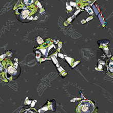 Load image into Gallery viewer, Disney/Pixar Toy Story Collection III Buzz Spotlight -Buzz Pose- Charcoal Fabric - 1/2 Meter - Cotton Fabric
