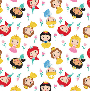 Disney Princess Kawaii - Cute Princess Floral - White Fabric - 1/2 Meter - Cotton Fabric