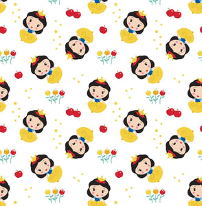 Disney Princess Kawaii - Cute Snow White Toss - White Fabric - 1/2 Meter - Cotton Fabric