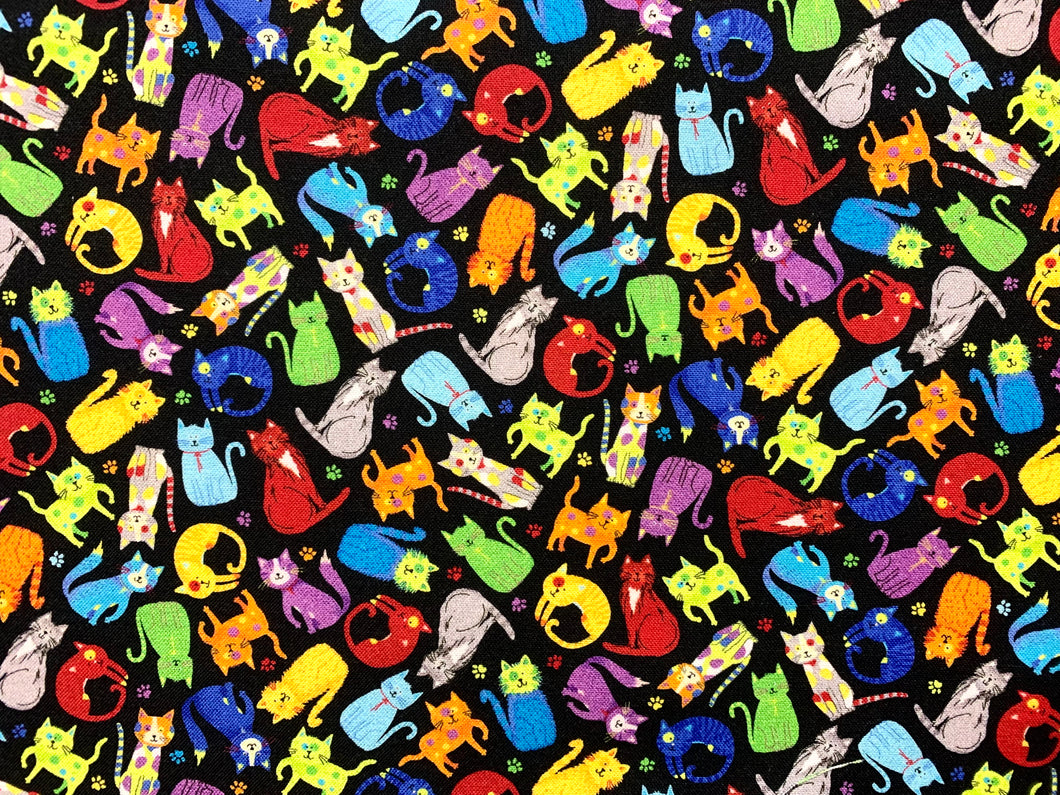 Mini Rainbow Cats Black Fabric - 1/2 Meter - Cotton Fabric