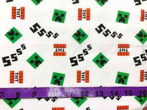 Minecraft Creeper and Icons - White Fabric - 1/2 Meter - Cotton Fabric