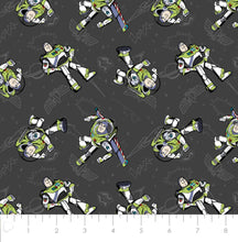 Load image into Gallery viewer, Disney/Pixar Toy Story Collection III Buzz Spotlight -Buzz Pose- Charcoal Fabric - 1/2 Meter - Cotton Fabric
