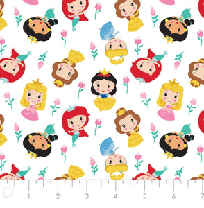 Disney Princess Kawaii - Cute Princess Floral - White Fabric - 1/2 Meter - Cotton Fabric