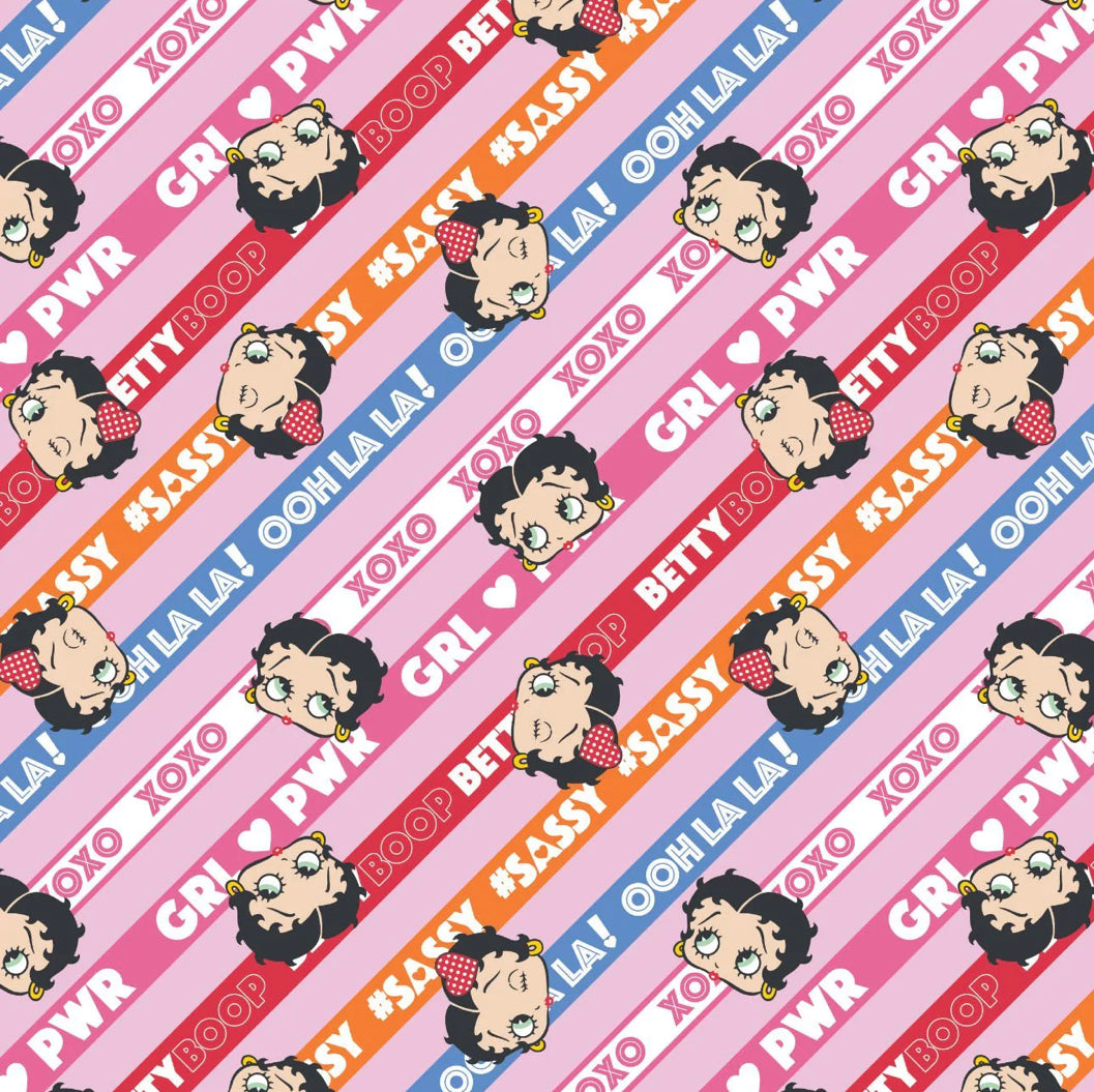 Betty Boop Collection III - Betty Girl Power Stripe - Pink Fabric - 1/2 Meter - Cotton Fabric