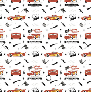 Cars Collection III by Disney-Pixar - McQueen Champ - White Fabric - 1/2 Meter - Cotton Fabric