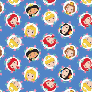 Disney Princess Kawaii - Cute Princess Frames - Blue Fabric - 1/2 Meter - Cotton Fabric