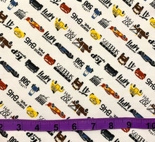 Load image into Gallery viewer, Cars Collection III by Disney-Pixar - Racing Terms - White Fabric - 1/2 Meter - Cotton Fabric
