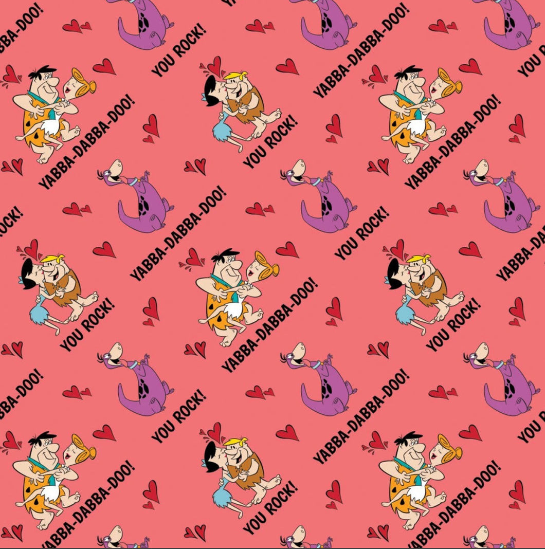 Character Valentine’s Day Fabric - The Flintstones - Light Red Fabric - 1/2 Meter - Cotton Fabric