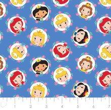 Load image into Gallery viewer, Disney Princess Kawaii - Cute Princess Frames - Blue Fabric - 1/2 Meter - Cotton Fabric
