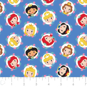 Disney Princess Kawaii - Cute Princess Frames - Blue Fabric - 1/2 Meter - Cotton Fabric